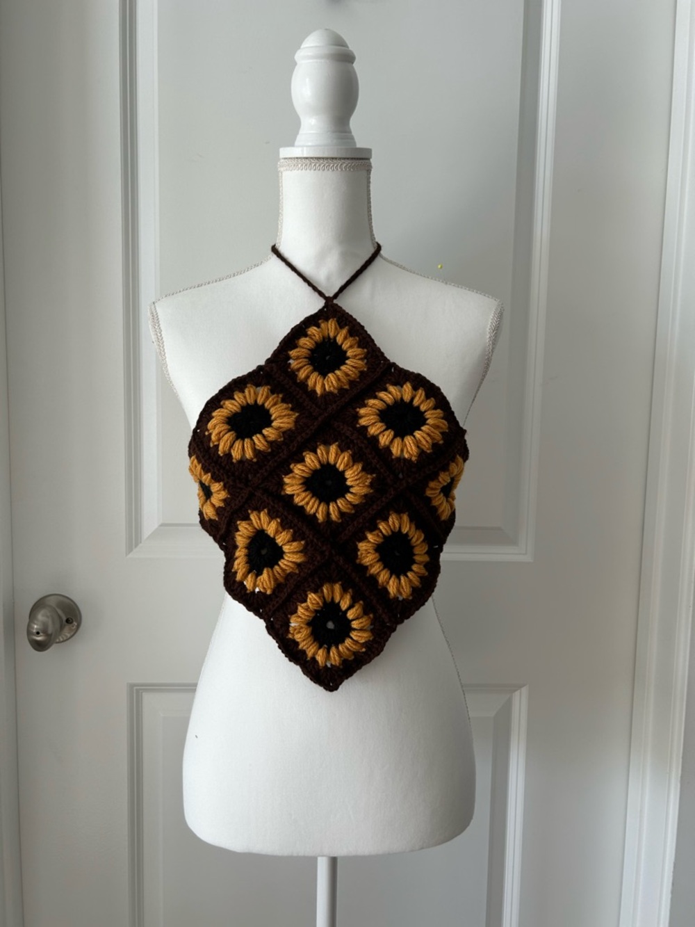 Handmade Crochet Sunflower Granny Square Halter Top - Brown & Mustard